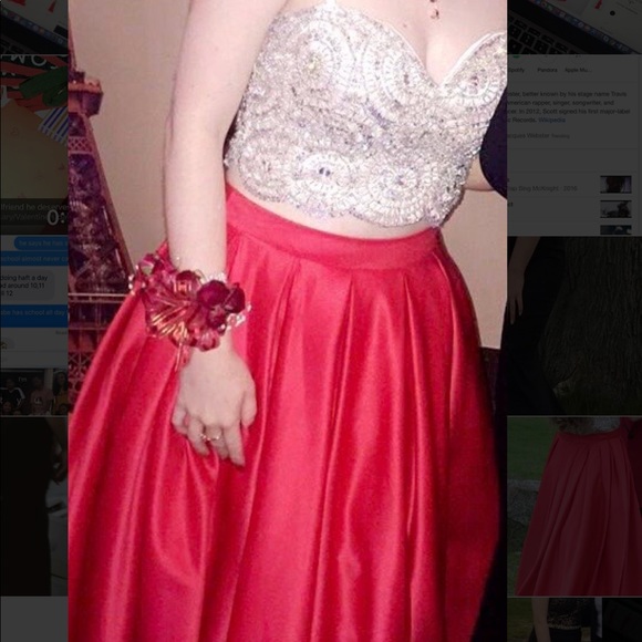red and gold two piece prom dress